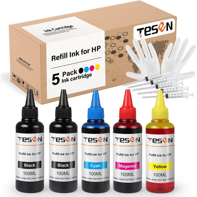 TESEN Ink Refill Kit for HP 910XL 962XL 952XL 932XL 902XL 934XL 67XL 63XL 60XL 64XL 62XL 61XL 94XL 95XL 920XL 901XL 933XL 940XL 951XL 965 100MLx5 Bottles with Syringes - 2 Black 1Cyan 1Magenta 1Yellow